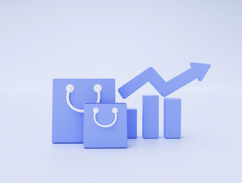 shopping-bag-graph-bar-with-arrow-ecommerce-concept-blue-background-3d-illustration